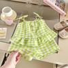 Conjunto de Verão para Exportação de Duas Peças Xadrez com Suspensório e Laço para Meninas, Colete Xadrez Elegante e Culotes, Celebridade da Internet