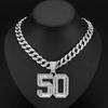 Entrada Nova Hip-Hop Europeu e Americano Masculino Luxo T-Quadrado Vidro Doce Diamante Full Diamond Digital 50 Pingente com Corrente Cubana Joias