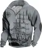 Moda de Aventura Náutica Impresión Digital 3D Retro para Hombre Casual Media Cremallera Manga Larga Tendencia Callejera Cuello Transfronterizo