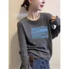 Camiseta de manga larga acanalada de algodón puro azul marino, nuevo estilo 2026, top elegante para mujer de principios de otoño, extremadamente atractivo