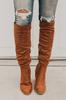 Botas de Outono e Inverno Novas Transfronteiriças Tamanho Grande com Zíper Lateral Salto Alto para Mulheres Salto Grosso Bico Fino Camurça Botas Finas de Cavaleiro Desejo