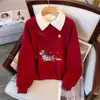 Sudadera de Felpa Roja para Niña Otoño e Invierno 2025 Nueva Elegante Cuello Redondo Atuendo de Invierno para Niñas Pequeñas con Cuello Vuelta para Celebraciones de Año Nuevo
