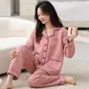 Conjunto de Pijama Camada de Algodão de Ar de Inverno para Mulheres, Manga Longa, Calça Longa, Cardigã com Lapela, Espessado, Quente, Doce e Fofo