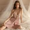 Ice Silk pulseira nightdress sexy estilo pijamas de renda transparente profundo V costas tentação nightdress mulheres verão