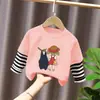 Estilo Novo Primavera e Outono 100% Algodão Camisetas Falsas de Duas Peças com Manga Longa para Meninas Roupas Infantis Desenho Animado Fofo Estampado Cor Contrastante para Mulheres