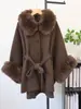 Abrigo de lana de doble cara con patchwork de tweed de estilo francés de longitud media y punto de piel sintética, nuevo chal suéter otoño/invierno para mujer