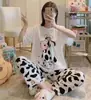 Pijama de manga corta y pantalón largo para mujer, verano caricatura talla grande, estilo primavera y otoño, pijama holgado para estudiantes para mujer, conjunto de ropa de casa de verano