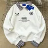 Moletom Casual com Gola Polo Xadrez em Cor Contrastante para Mulheres, Outono/Inverno 2025, Top Soltinho Falso Duas Peças