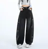Novo Modelo Primavera 2026 Jeans Feminino de Cintura Alta Solto de Perna Larga com Strass Estrelado, Calças Retas Emagrecedoras de Comprimento Total