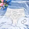 Calcinhas de renda transfronteiriças para mulheres, estilo europeu e americano sexy com tiras cruzadas de cintura alta, tamanho plus size, cobertura semi, vazadas, respiráveis