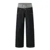 Pantalones vaqueros únicos de doble cintura para hombre con diseño de remaches y cruz de moda, empalme de color contrastante, de cintura alta, pantalones de pierna recta abotonados