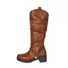 Modelo de comercio exterior transfronterizo otoño/invierno 2026 estilo europeo y americano, botas de mujer de punta redonda, tallas 40-45, con hebilla de cinturón, botas de montar sin cordones, botas altas