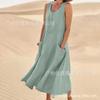 Site Independente da Amazon Wish2023 Vestido Feminino de Algodão e Linho Sem Mangas Gola Redonda Corte Evasê Longo Estilo Férias