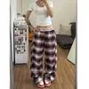 Pantalones de Pierna Ancha Cuadros Azul y Negro High Street para Mujer, Verano Finos de Cintura Alta Adelgazantes Sueltos Fluidos Casuales de Largo Hasta el Suelo Tallas Grandes