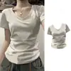 Camiseta para Mujer Verano Estilo Retro Americano Coreano Dulce Fresca Picante Chica Cuello en V Hombro Normal Manga Corta Ajuste Delgado Moda Versátil