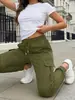Calça Cargo Casual de Cintura Alta com Cordão Estilo Europeu e Americano para Mulheres, Calça Longa Solta Multibolsos Elástica, Calça Esportiva Versátil Temu