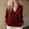 Ropa de mujer transfronteriza, Amazon europeo y americano otoño nuevo top elegante de terciopelo con volantes y cuello en V para mujer