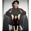 Cardigan deportivo de diseño único estilo retro americano, corte holgado, bloques de color, cuello alto, chaqueta casual unisex estilo callejero