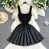 2025 Novo Elegante Elegante Listras Verticais Cintura Apertada Emagrecedor Vestido de Alça Estilo Levemente Maduro Tricô Saia Ampla Grande para Mulheres
