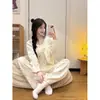 Camisola cover-up com estampa de urso doce e delicada estilo coreano, conjunto de pijama feminino de outono, três peças: manga longa e calça longa