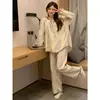 [Conjunto de duas peças] Pijama de Casal Primavera e Outono Renda Doce Babado Bloco de Cores Listras Manga Longa Camisola Feminina Pode Ser Usado Fora Masculino