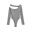 Estilo Nuevo Primavera y Otoño Elástico Ajustado Color Sólido Camiseta Base Estilo Americano Sexy Hombro Descubierto Hombro Caído Manga Larga Body para Mujer