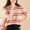Camiseta de punto de algodón puro para mujer, estilo coreano, nueva de verano, cuello redondo, a rayas, manga corta, corte holgado, adelgazante, con bloques de color, top de moda