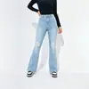 Calça jeans flare rasgada de cintura alta para mulheres, corte solto, calça azul clara com lavagem vintage, moderna