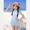 Maiô infantil com gola de boneca verão novo estilo saia de natação xadrez de secagem rápida maiô vestido para crianças de meia-idade e grandes moda praia infantil