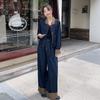Traje de Mezclilla con Cuello Alto de Color Contrastante Cosido para Mujer 2025 Otoño Nuevo Estilo Simple y Versátil Ajuste Delgado Conjunto de Dos Piezas