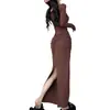 Vestido Sexy de Color Sólido con Cuello en U y Pliegues de Manga Larga para Mujer, Vestido de Primavera Ajustado Bodycon con Abertura Trasera, Venta al por Mayor