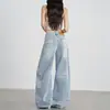 Pantalones vaqueros retro de pierna ancha en azul claro para mujer, nuevo estilo verano 2026, plisados, holgados, casuales, relajados, pantalones de pierna curva