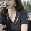 Estilo Verão Novo Retrô Chique Tricô de Manga Curta para Mulheres, Bonito, Ajustado ao Corpo, Leve, Blusa para Trabalho