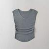 Chaleco de cuello en V estilo americano con cintura plisada para mujer, camiseta de verano de deseo puro, de manga corta, corta, tipo jersey, top casual