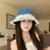 Sombrero de Pescador de Mezclilla con Cinta de Encaje de Perlas de Hada Súper Nuevo para Mujer Otoño Sombrero de Cubo Simple Versátil Sombrero de Pescador Moderno