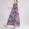 Toma real de 2026 del nuevo vestido largo bohemio, nuevo vestido de verano sin mangas de talla grande con cuello redondo estampado