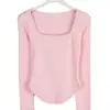 Ropa de Mujer de Comercio Exterior Camiseta Coreana Dongdaemun de Manga Larga Cuadrada para Mujer Otoño Corta Ajustada Cuello Amplio Camiseta Interior Superior