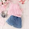 Verano Europeo y Americano en stock Conjunto de Pantalón y Chaleco para Niñas Chaleco de Tirantes a Cuadros con Cuello en V Pantalones Cortos de Mezclilla Agujereados Conjunto de Dos Piezas