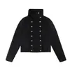 Nueva chaqueta de otoño vintage estilo corte con doble fila de botones plateados, cuello alto, botones diagonales, chaqueta negra ajustada, abrigo simple y versátil