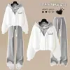 Sudadera con capucha de punto suelto estilo perezoso, dos piezas falsas, pantalones rectos de pierna ancha, conjunto casual de dos piezas