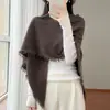 Novo Xale de Tricô 100% Lã para Outono/Inverno 2026 para Mulheres com Franjas e Bordas Desfiadas, Cor Sólida, Cachecol Macio e Quente, Xale Triangular