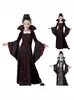 Novos Fantasias Infantis Europeias e Americanas de Halloween Fantasia de Bruxa Medieval Retro com Cadarço Gola Alta Manga Sino Estampada Vestido Longo