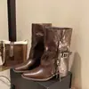 Sapatos Infantis 2026 Outono/Inverno Salto Grosso Fivela Zíper Lateral Botas de Cano Médio Estilo Britânico Botas de Cowboy Ocidentais