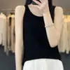 Camisole de malha feminina casual para o dia a dia, gola redonda, cor sólida, sem mangas, lã penteada, afina a cintura, novidade primavera e verão