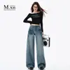 Jeans Americano Retrô de Cintura Alta Wide-Leg para Mulheres 2025 Novo Design com Rebites, Calça Solta de Cintura Alta com Barra Larga e Caimento Longo até o Chão