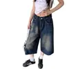 Shorts folgados plus size estilo retrô americano, jeans cropped, calças femininas de verão de cintura alta com perna larga, calças casuais, calças de comprimento médio, da moda