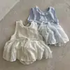 Macacão Princesa Fofo e Doce Estilo Coreano Ins para Bebês Meninas, Verão Fino de Algodão Fresco Sem Mangas
