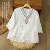 Blusas de Algodão e Linho Bordadas Étnicas de Verão, Camisas de Botão Largas com Fechamento Oblíquo, Roupas Zen Chinesas Estilo Dinastia Han Melhoradas Retro