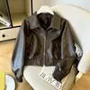 Chaqueta de cuero estilo retro coreano con solapa y cremallera, tipo biker, abrigo corto para personas petite, negro