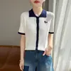 Cardigã de tricô com gola lapela de seda gelada, novo estilo primavera-verão, manga média, color block, pônei bordado, jaqueta top solta e versátil para mulheres